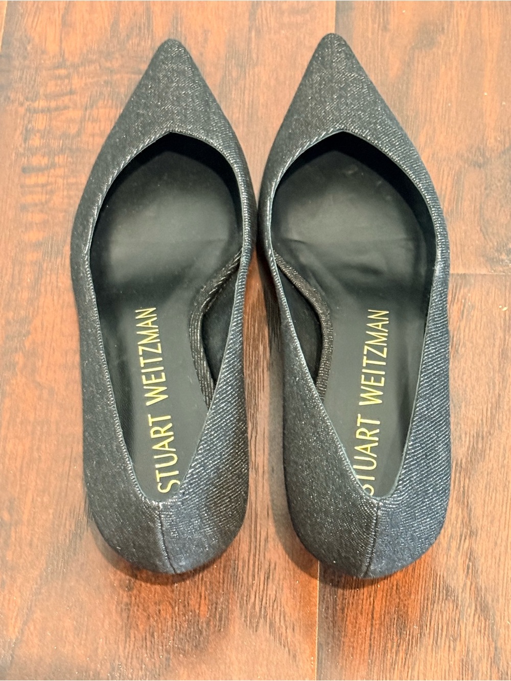 Stuart Weitzman Pointed Toe Kitten Heels in Charcoal Black Denim